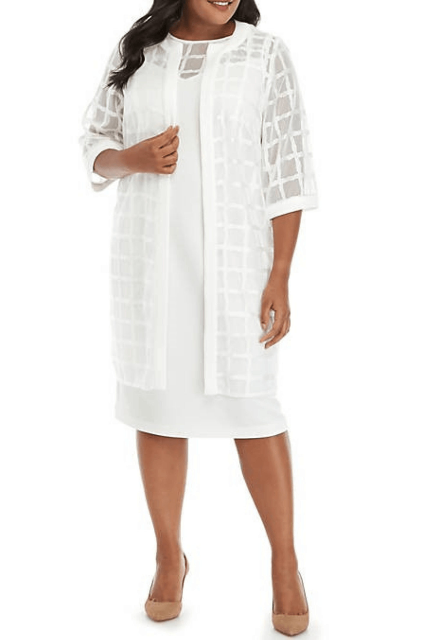 Navy white plus size two-piece jacket dress sleeveless knee-length textured 3/4 sleeve mother of bride