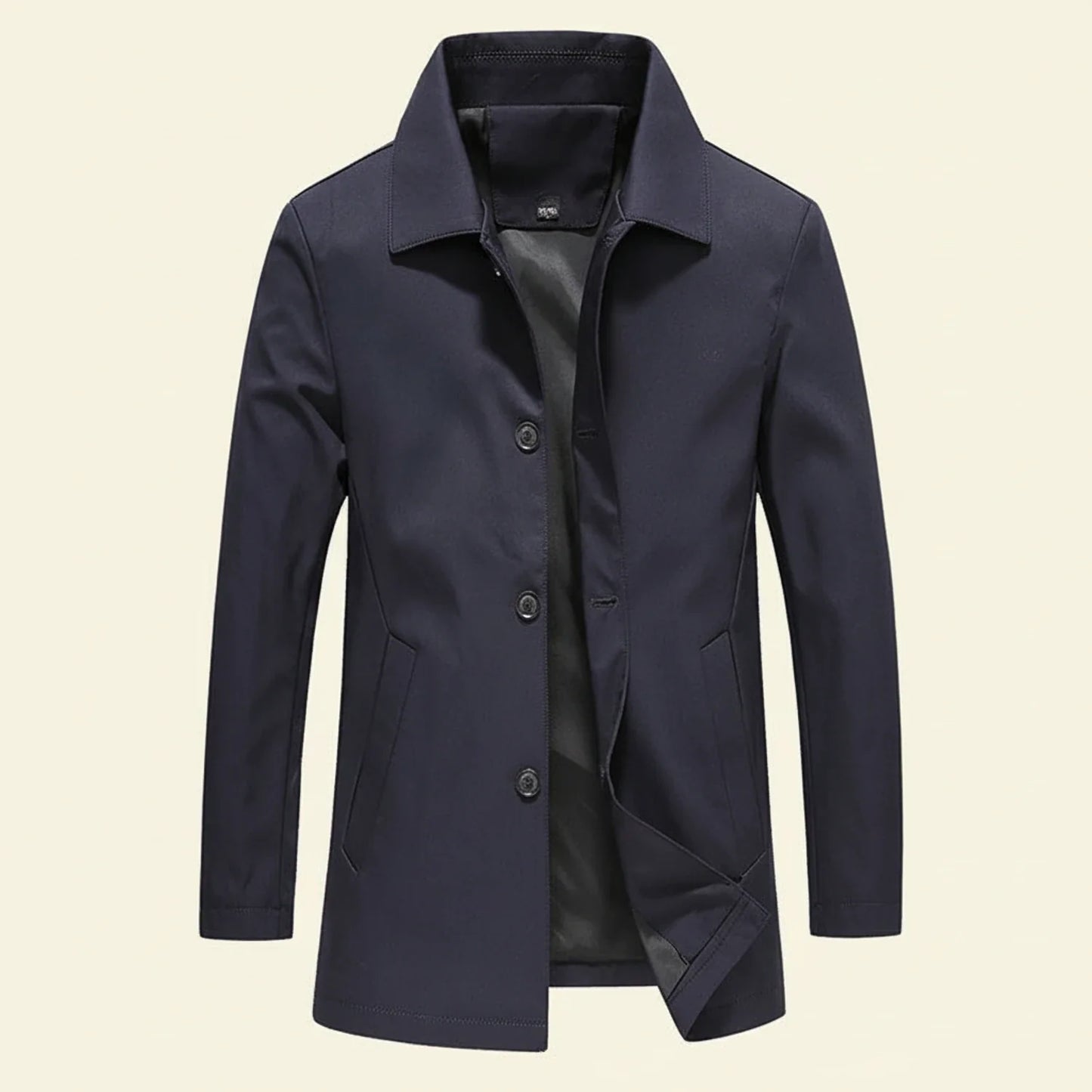 Men's navy mid-length minimalist overcoat with button-down classic collar for smart-casual wear
