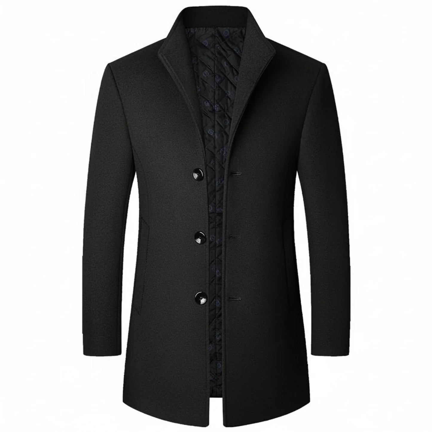 Men's charcoal wool blend mid-length overcoat with notch lapel and three-button front closure