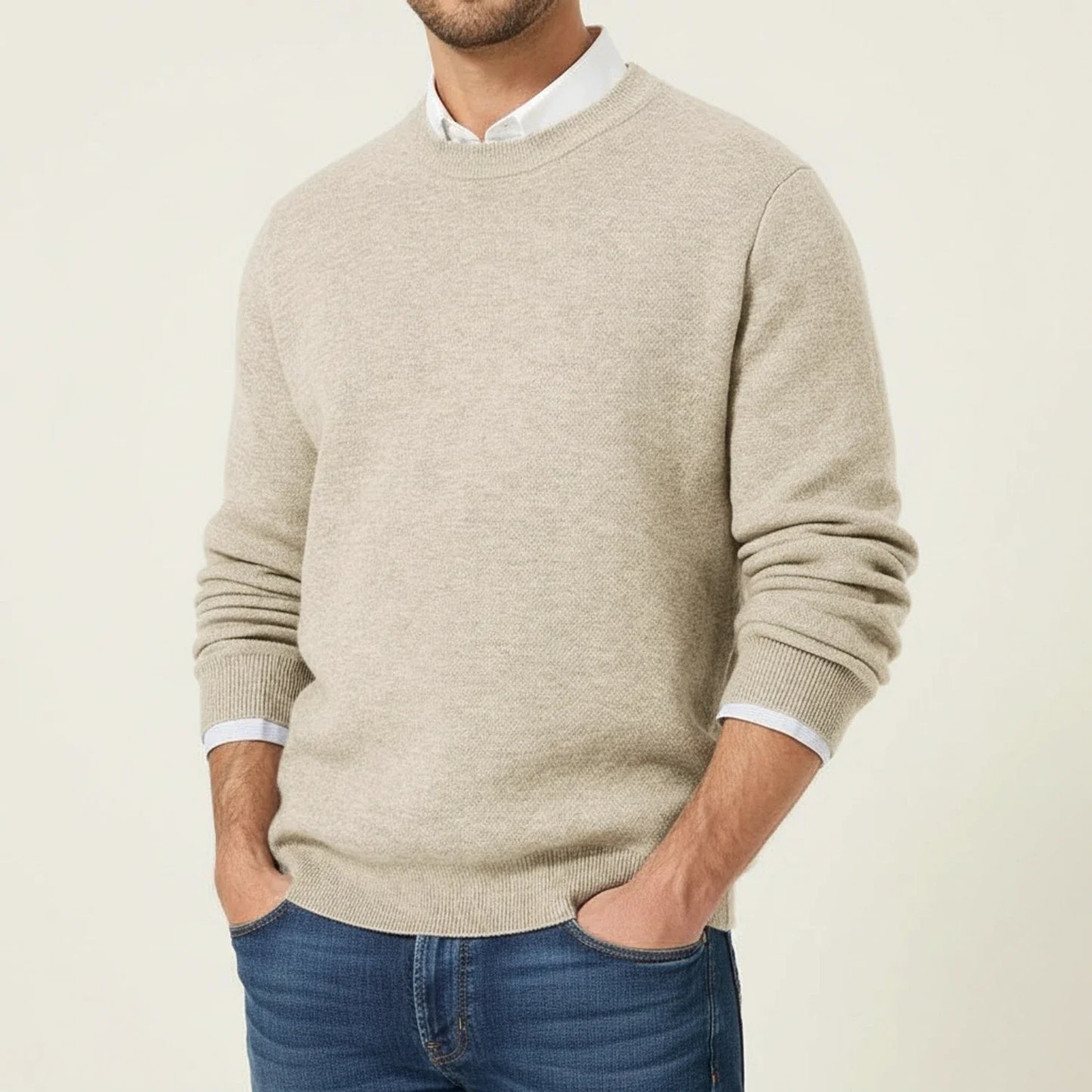 Men's regular fit crewneck sweater with ribbed cuffs and hem, casual everyday layering style