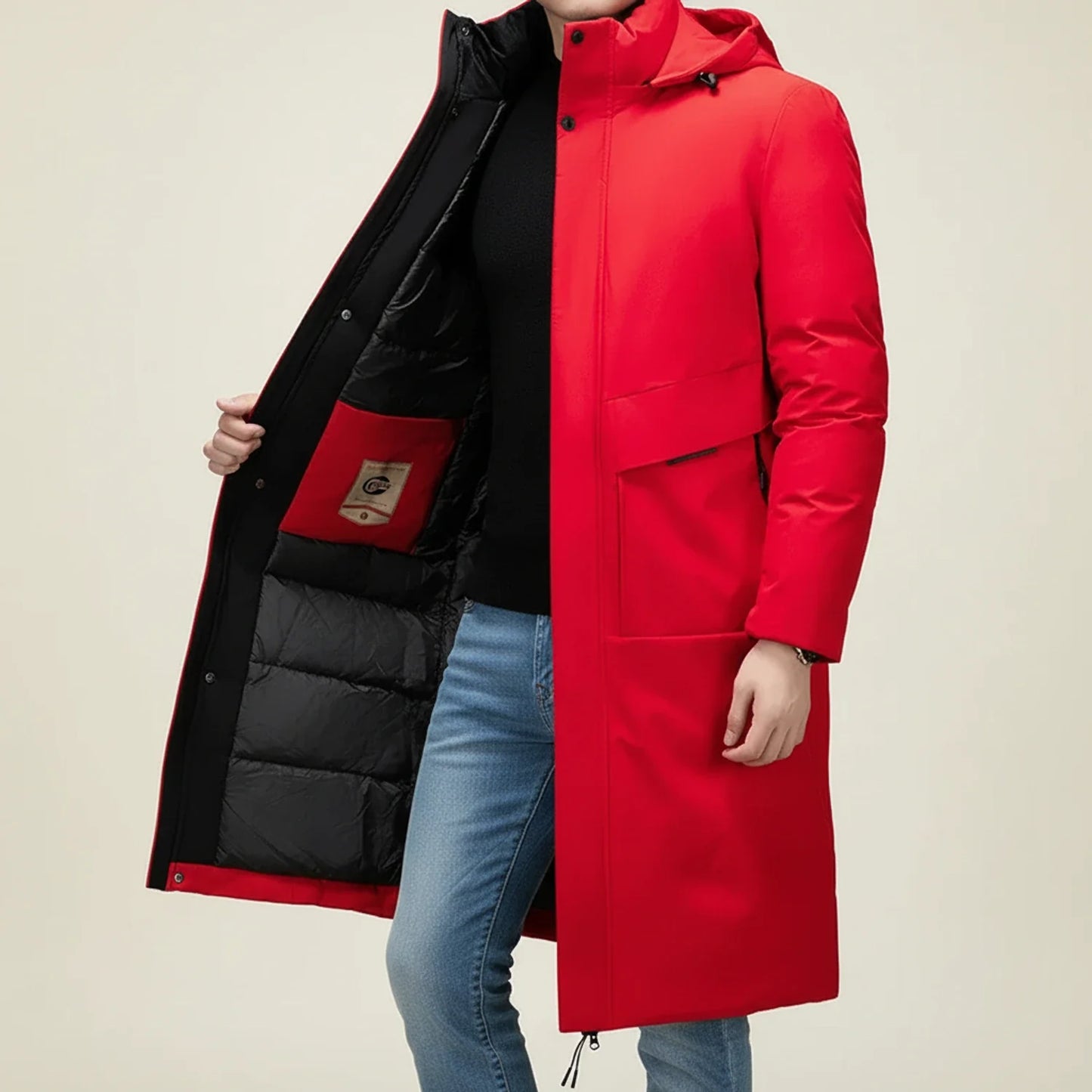 Men's long black insulated parka hooded drawstring hem snap closure welt pockets cold weather