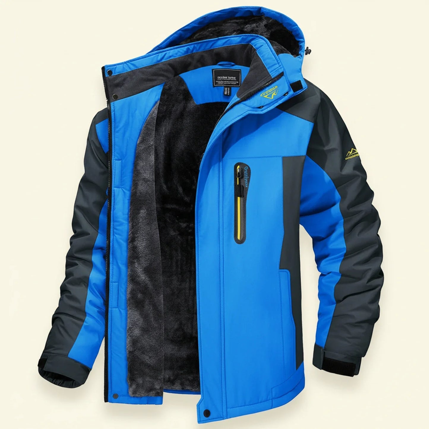 Men's waterproof winter fleece jacket full-zip color block design navy blue outdoor adventure