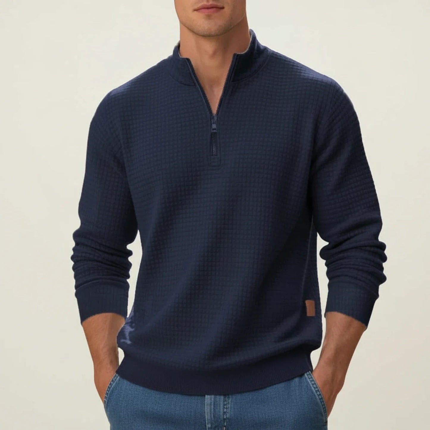 Men's gray quarter-zip pullover sweater textured knit stand collar layering piece