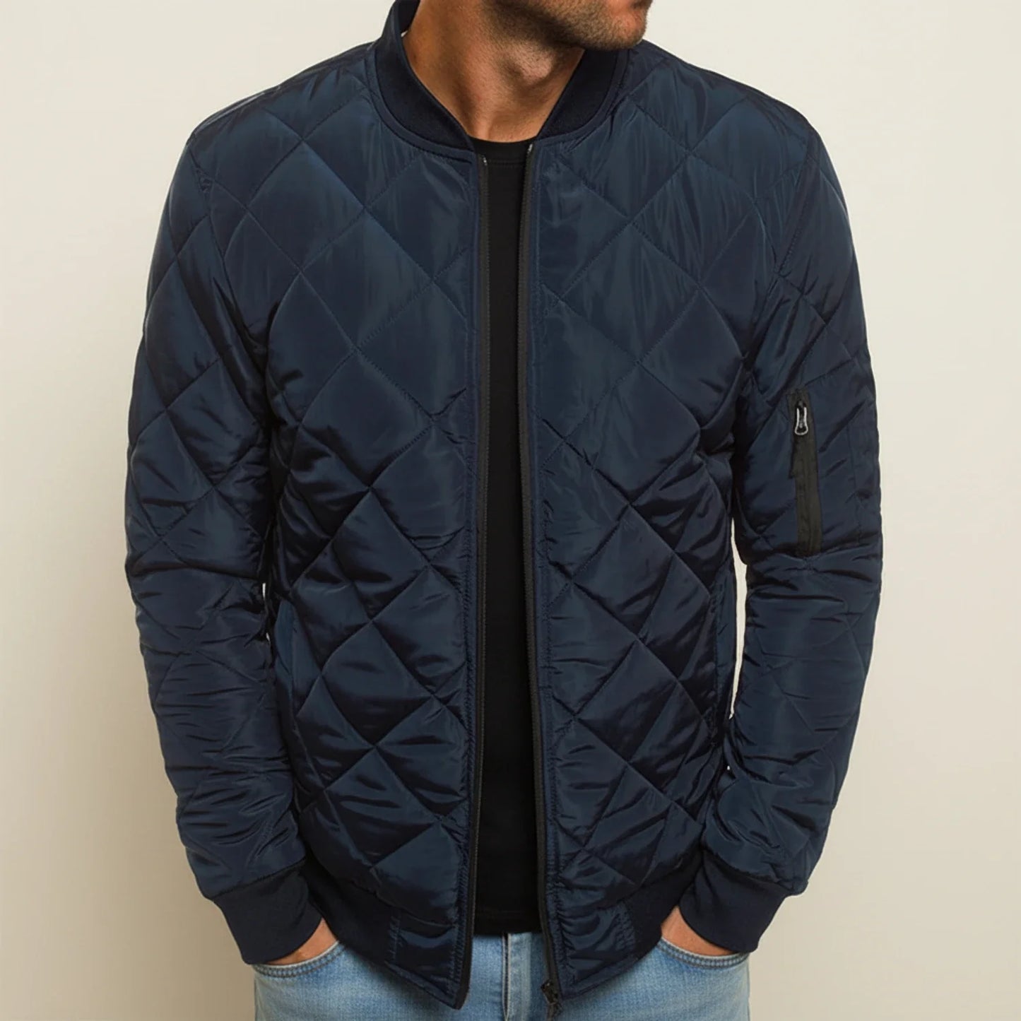 Men's Diamond Quilted Bomber Jacket With Ribbed Collar Cuffs Zip Closure For Everyday Wear Black