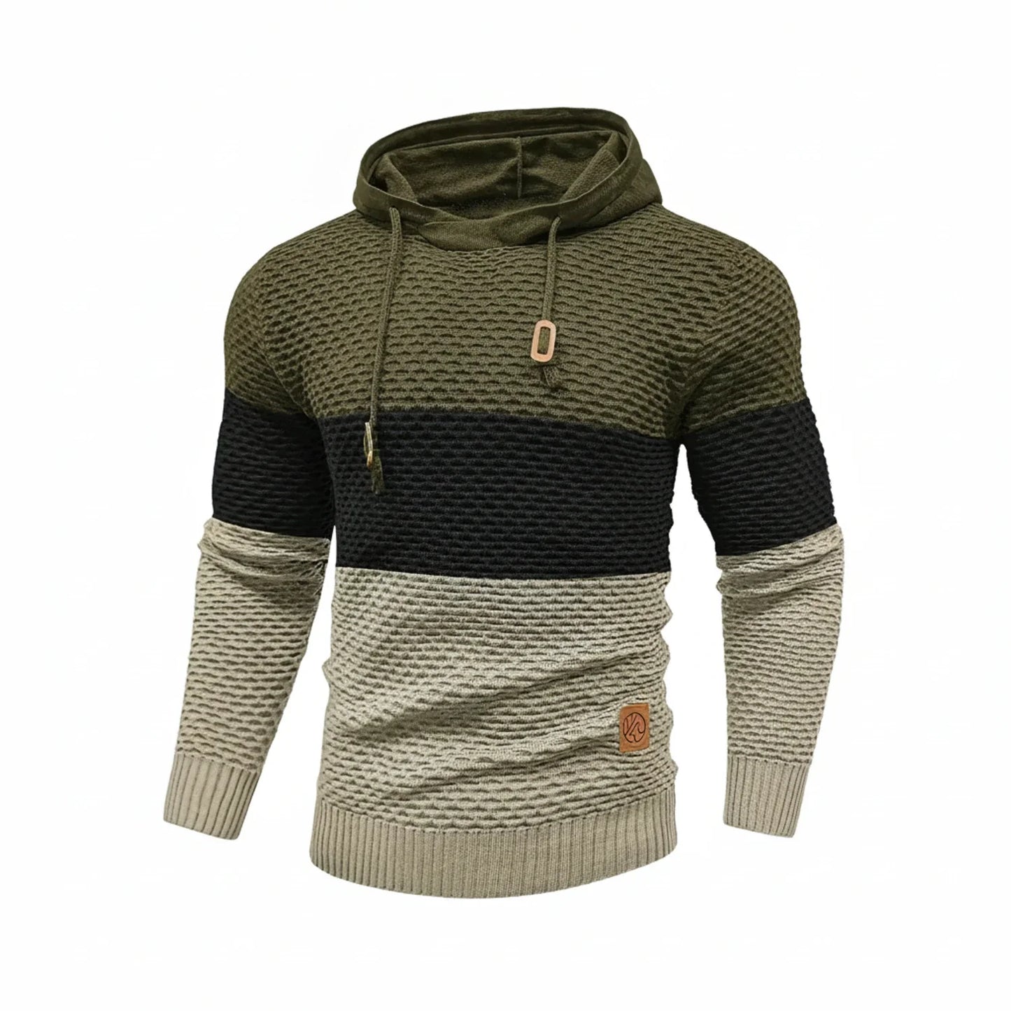 Men's color-block stripe knit hoodie with drawstring hood and ribbed cuffs for cooler weather