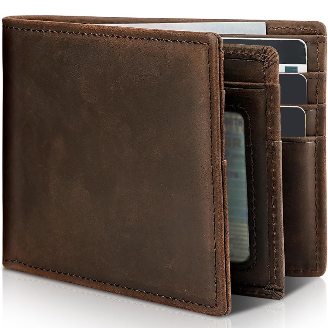 Sebastian Leather Bifold Wallet For Men With Stitched Edges And Multiple Card Slots Including ID Window For Everyday Use