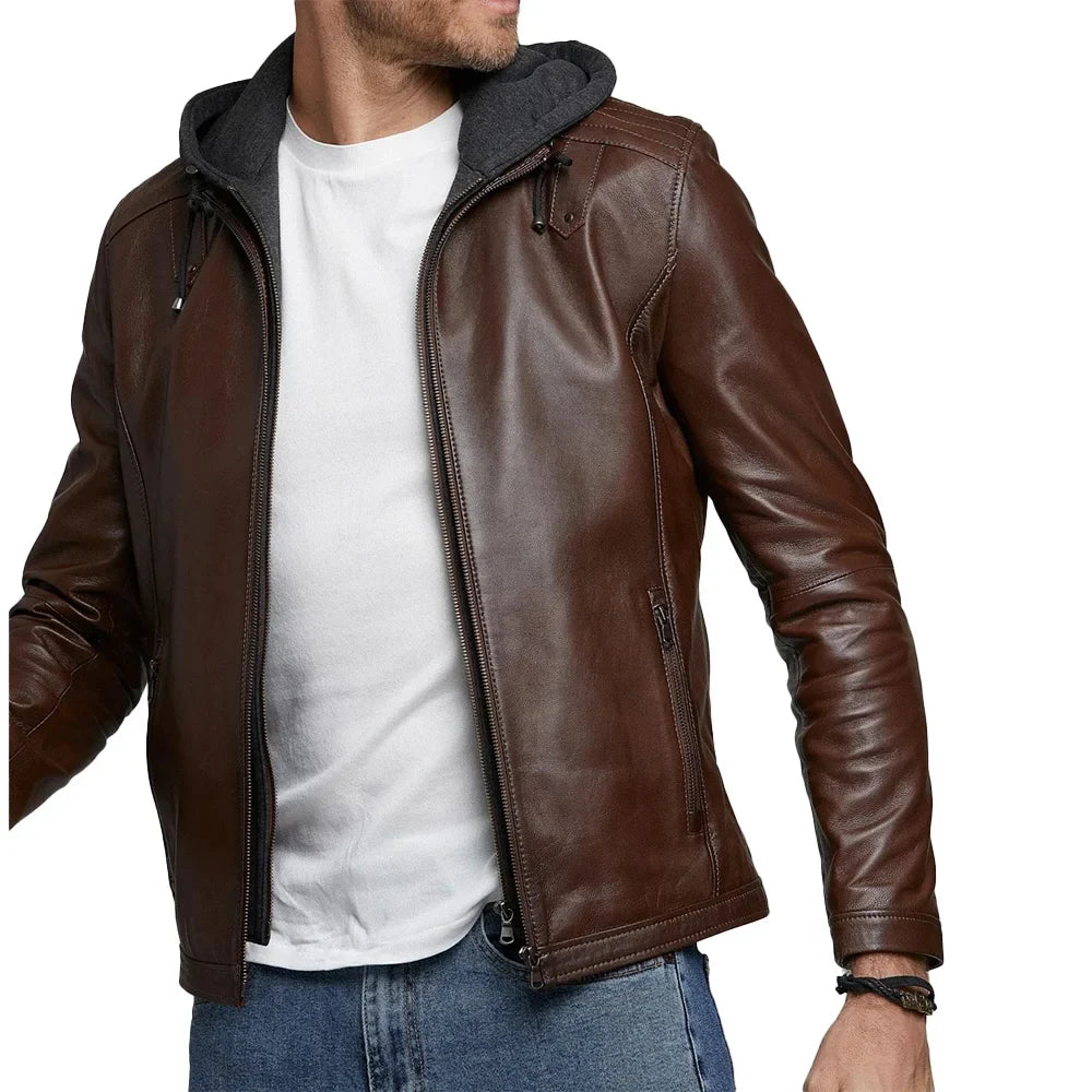 Wavlynn Mens Black Leather Biker Jacket With Snap Down Lapel And Asymmetrical Zipper And Zippered Pockets