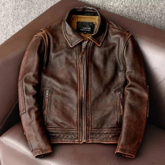 Wavlynn Men's Premium Leather Biker Jacket With Asymmetrical Zip Closure Belted Waist White Accents