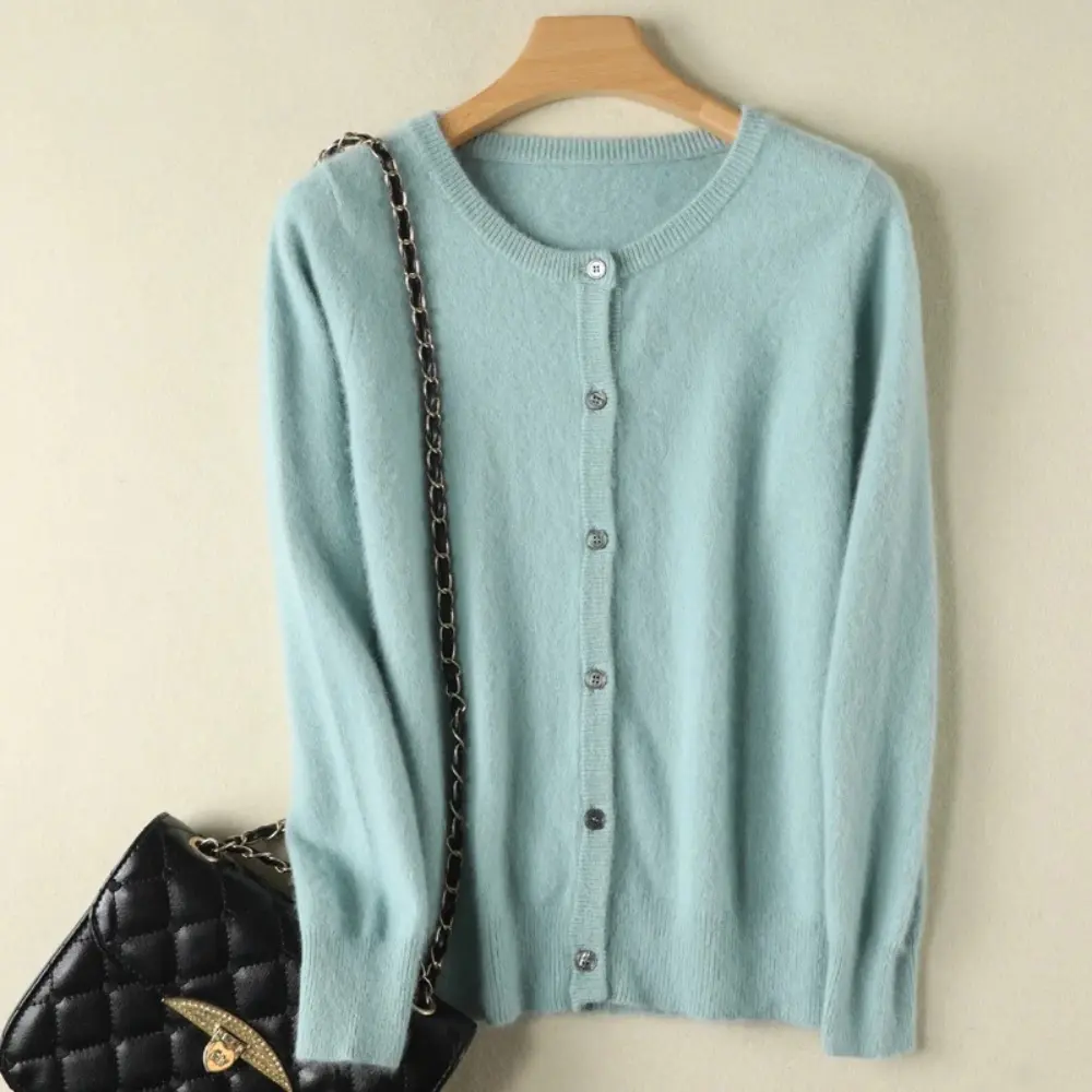 Mira mink cashmere cardigan women loose fit O-neck cozy neutral-tone layering piece