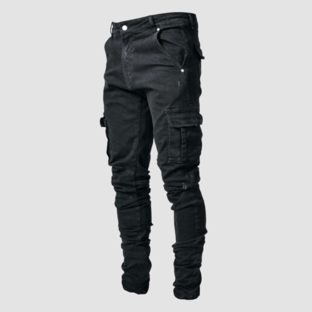 Men's slim fit cargo pants in neutral tones with multiple utility pockets for casual everyday wear