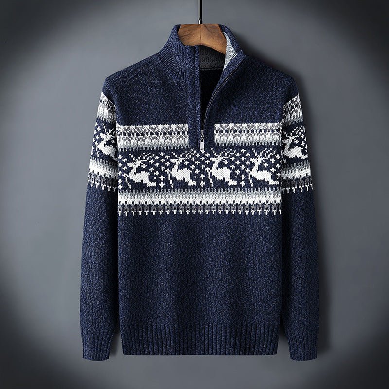 Men's wool blend half-zip knit sweater Nordic pattern ribbed edges cozy winter style