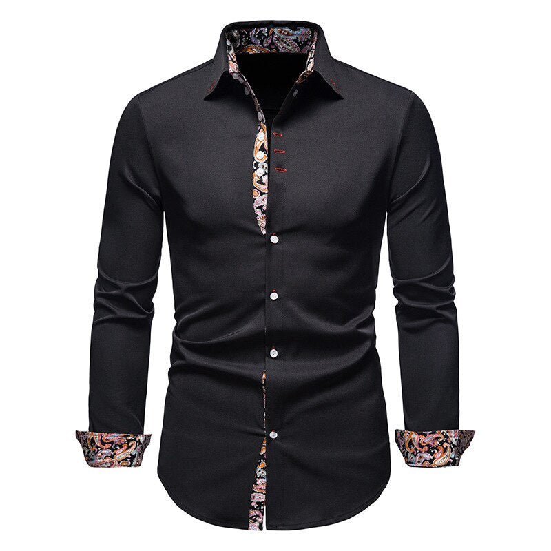 White slim fit men's dress shirt long sleeve classic collar with contrast paisley details cotton