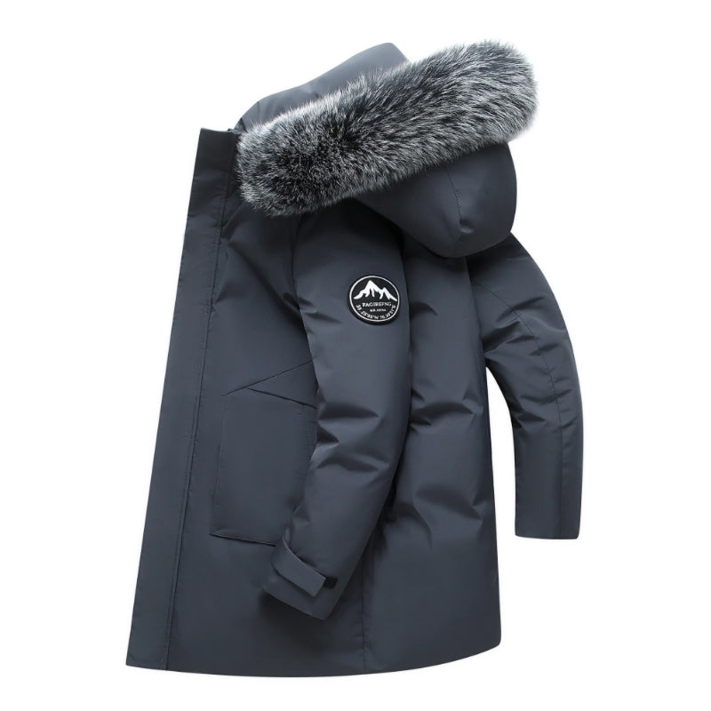 Men's navy windproof hooded duck down jacket with faux fur trim and multiple pockets