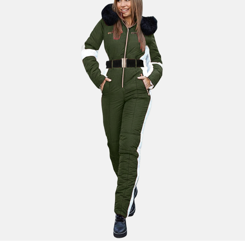 Women's white belted one-piece ski suit with plush-trimmed hood, slim-fit cut for winter outdoor wear
