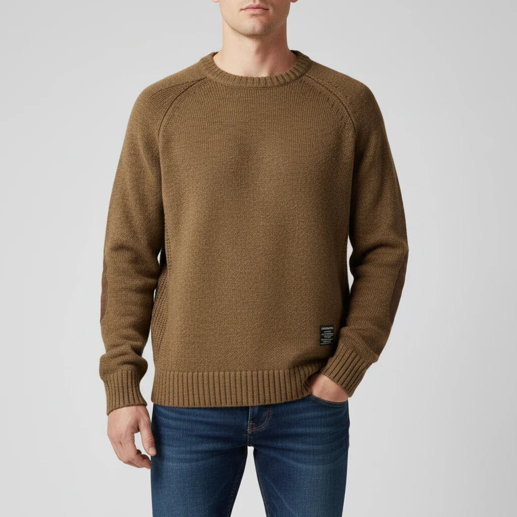Men's red raglan sleeve knit sweater with crew neck, ribbed hem, and contrast elbow patches