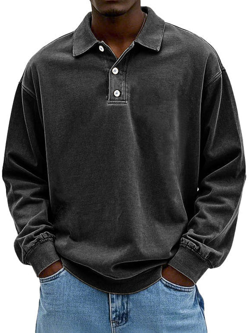 Men's vintage long sleeve polo shirt classic retro collar 3-button placket timeless casual style