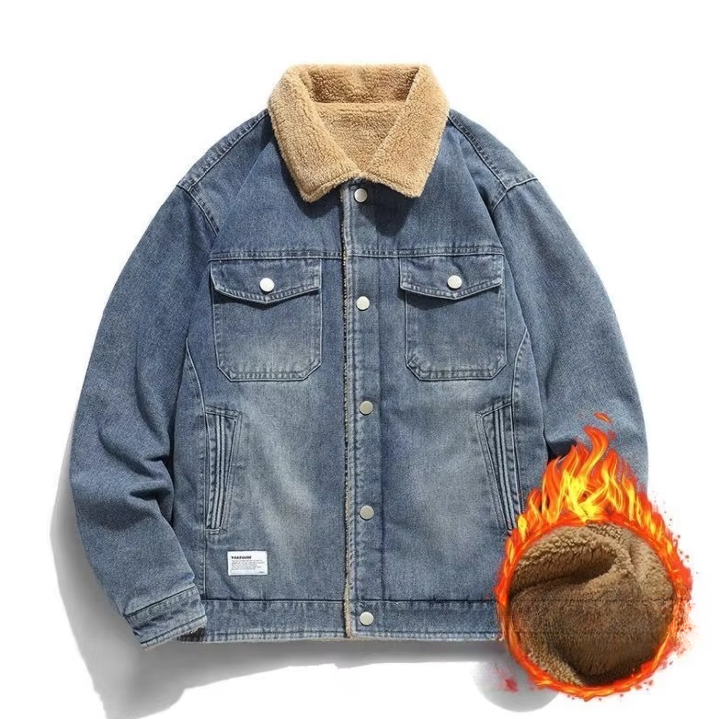 Men's blue fleece-lined denim jacket warm winter coat casual style button-front sizes M-4XL