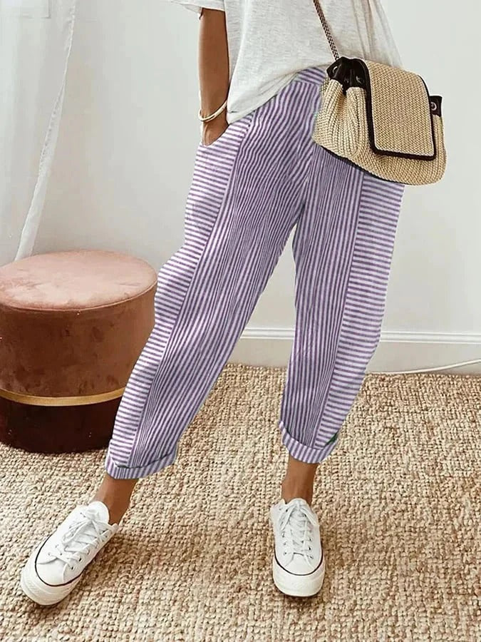 Striped relaxed-fit trousers with elastic waistband, effortless everyday style in multicolor stripes