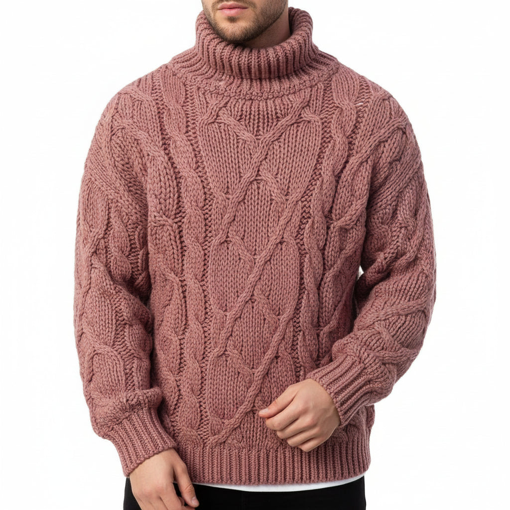 Men's cream cable knit turtleneck sweater relaxed fit with textured weave pattern for winter layering