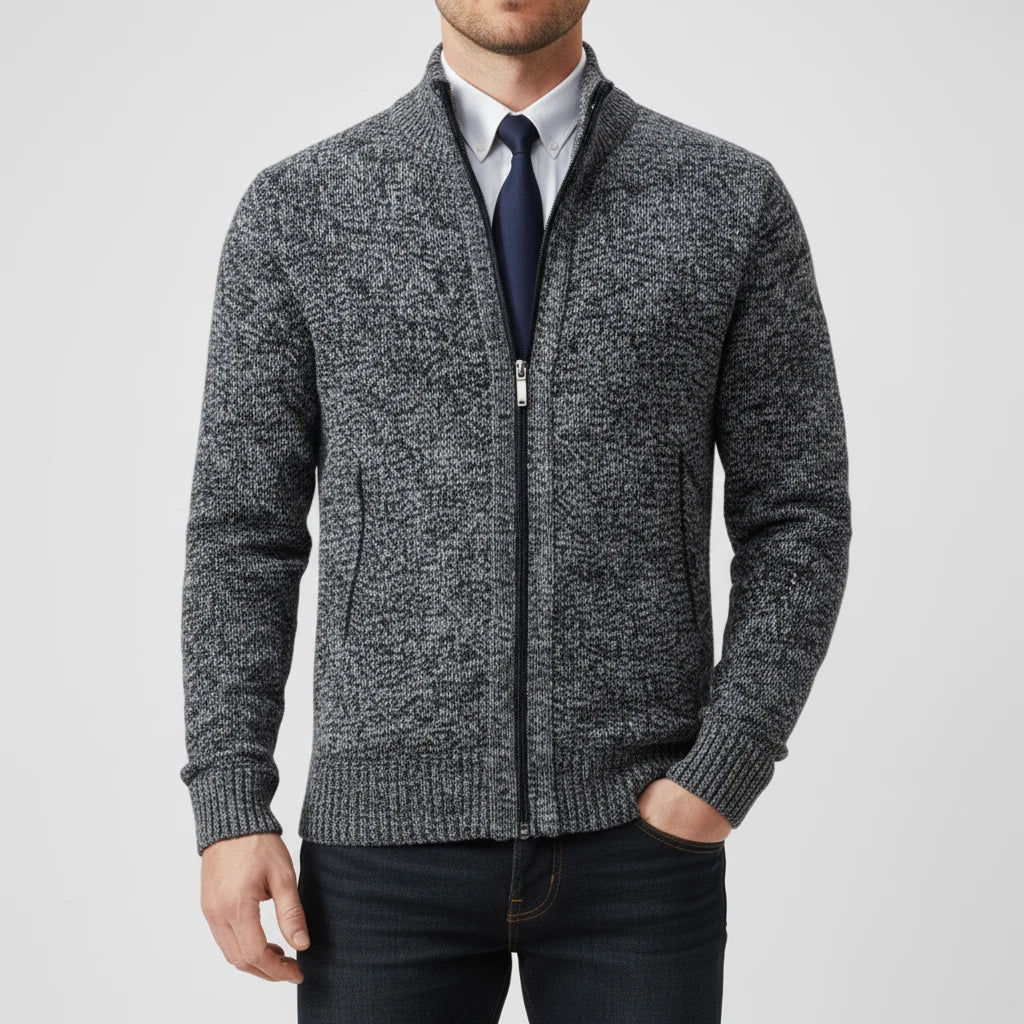 Men's zip-up stand collar sweater in neutral tone, slim-fit layering piece with full-length zipper
