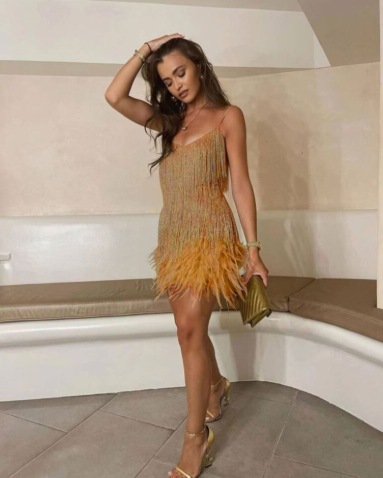 Women's black sleeveless mini dress spaghetti straps feather-edge fringe hem party glam