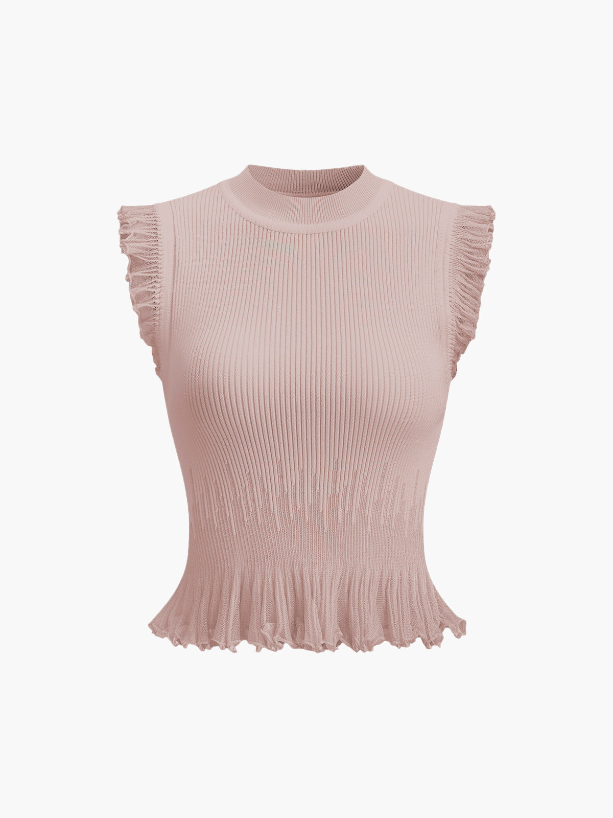 Ivory ribbed knit ruffle top with feminine ruffled neckline, lightweight viscose blend, relaxed fit