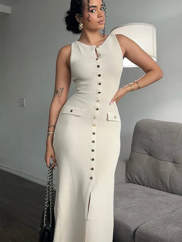 Women's beige sleeveless bodycon knitted cardigan dress with elegant long silhouette