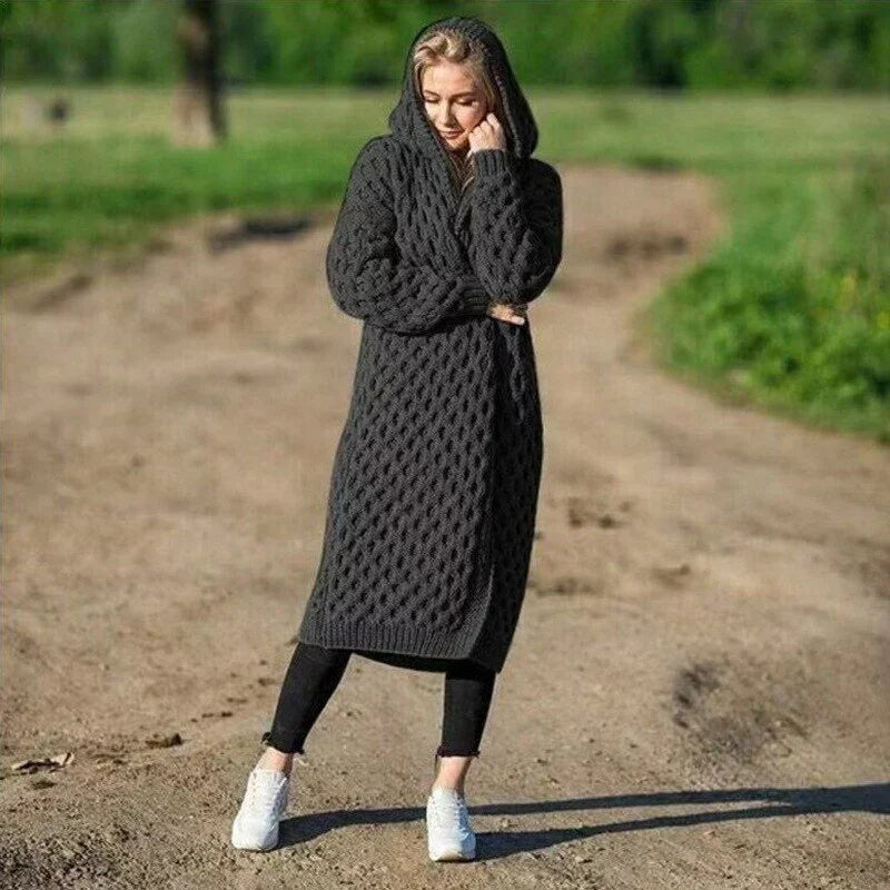 Women's chunky cable knit hooded cardigan, relaxed fit, long open front, cozy oversized style