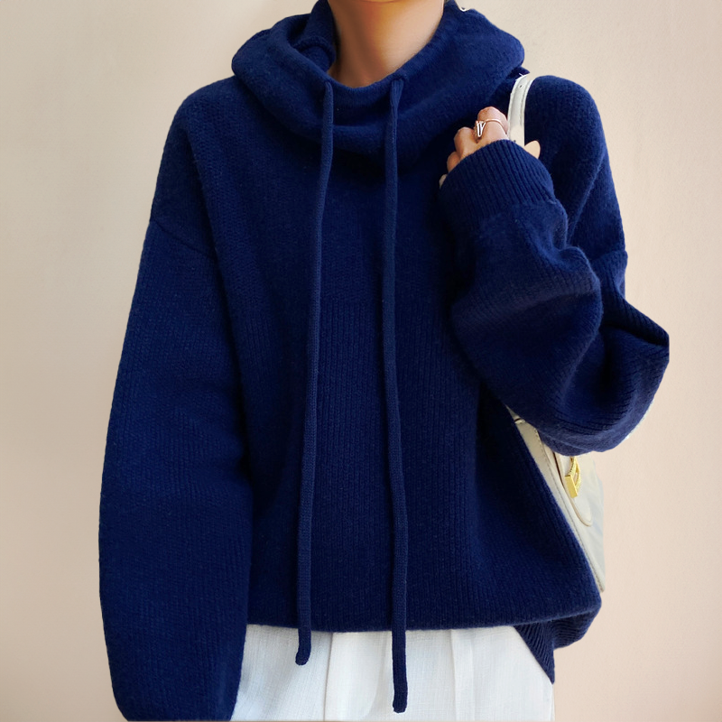 Women's cozy oversized knit sweater with high collar drawstring and soft long sleeves for fall