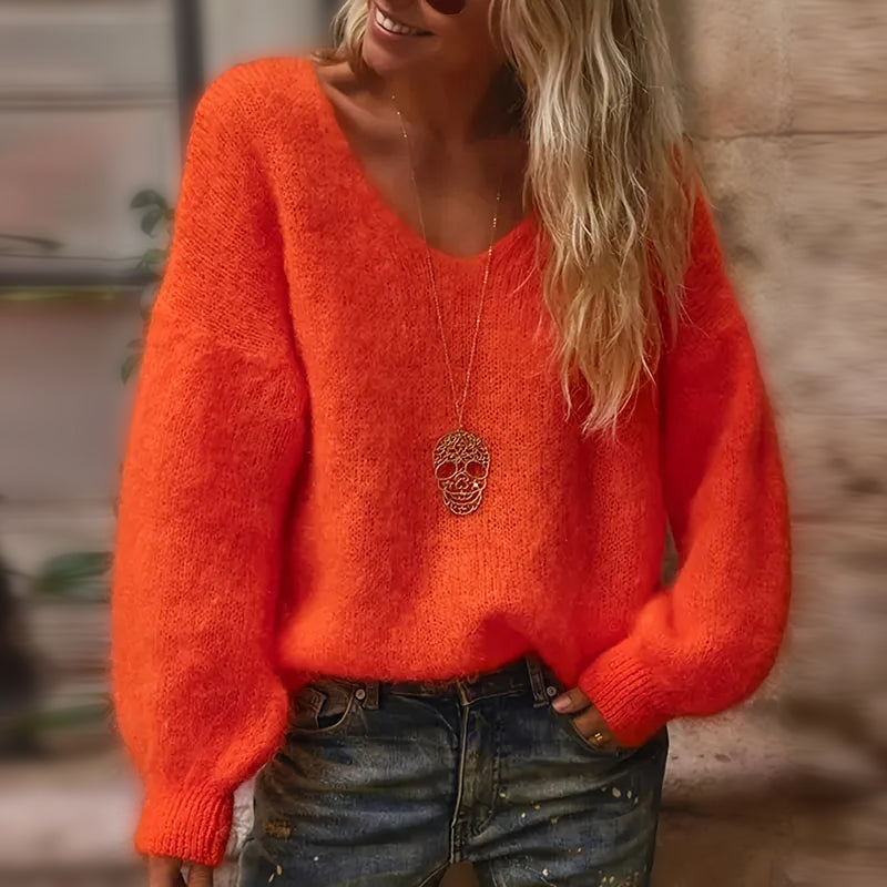 Oversized fluffy V-neck women's knit sweater in cozy soft fabric, perfect for autumn layering
