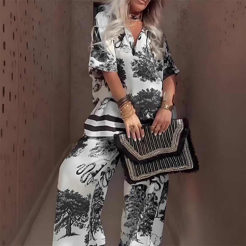 Printed V-neck top and long pants matching set in lightweight flowy fabric for relaxed summer style