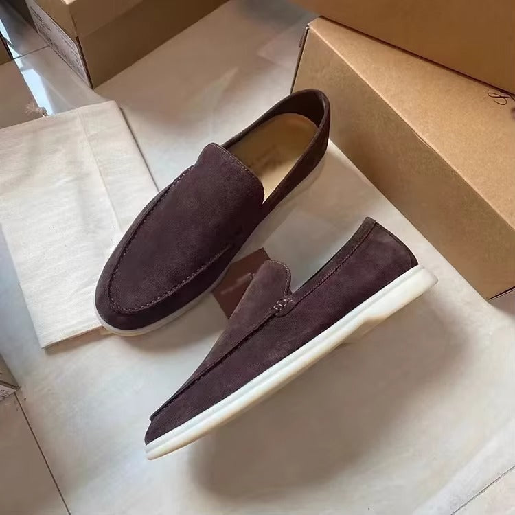 Men's genuine leather white slip-on loafers with cushioned comfort sole, clean minimalist style
