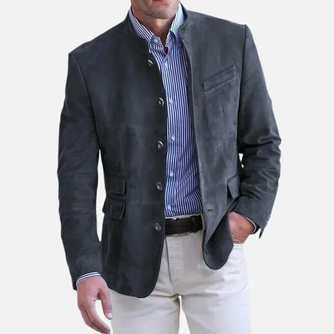 Men's black tailored mandarin collar blazer with single-breasted button front and Italian-style slim cut