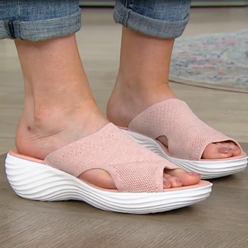 Women's slip-on sandals with breathable knit upper, ergonomic contoured footbed for all-day comfort