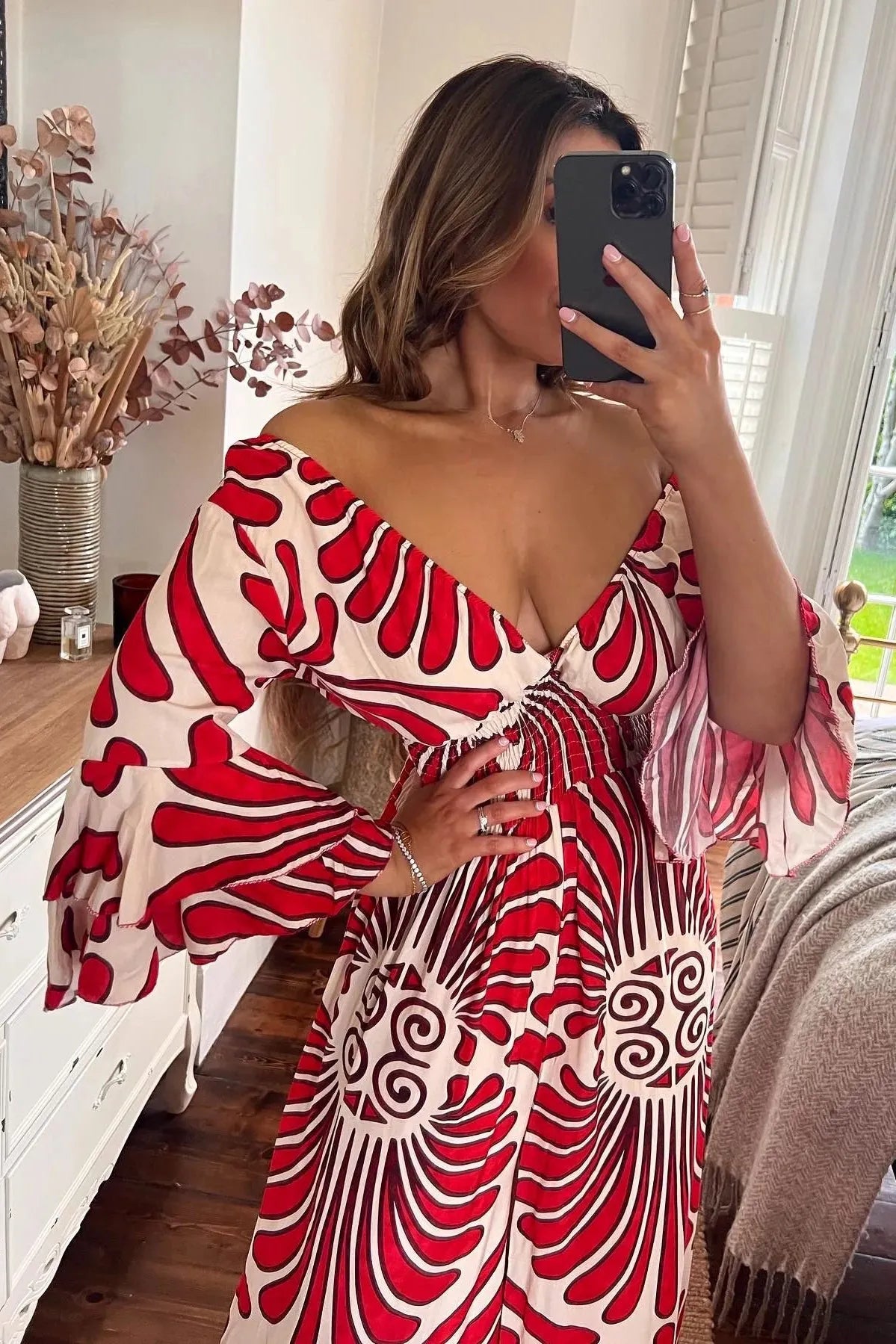 Women's bohemian wide-leg jumpsuit V-neck wide sleeves smocked waist soft cotton blend