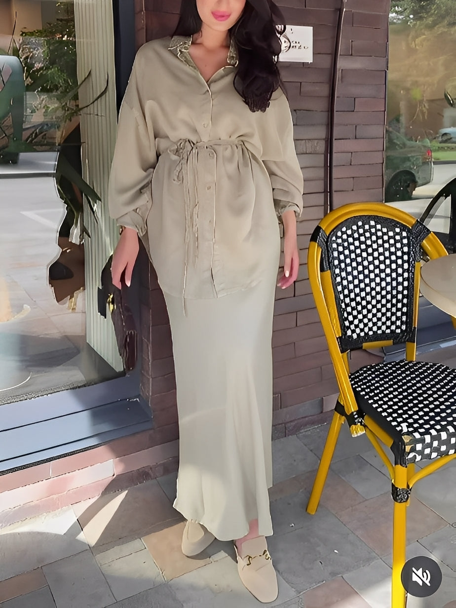 Beige long-sleeve tie-drawstring shirt and skirt matching set with adjustable waist detail
