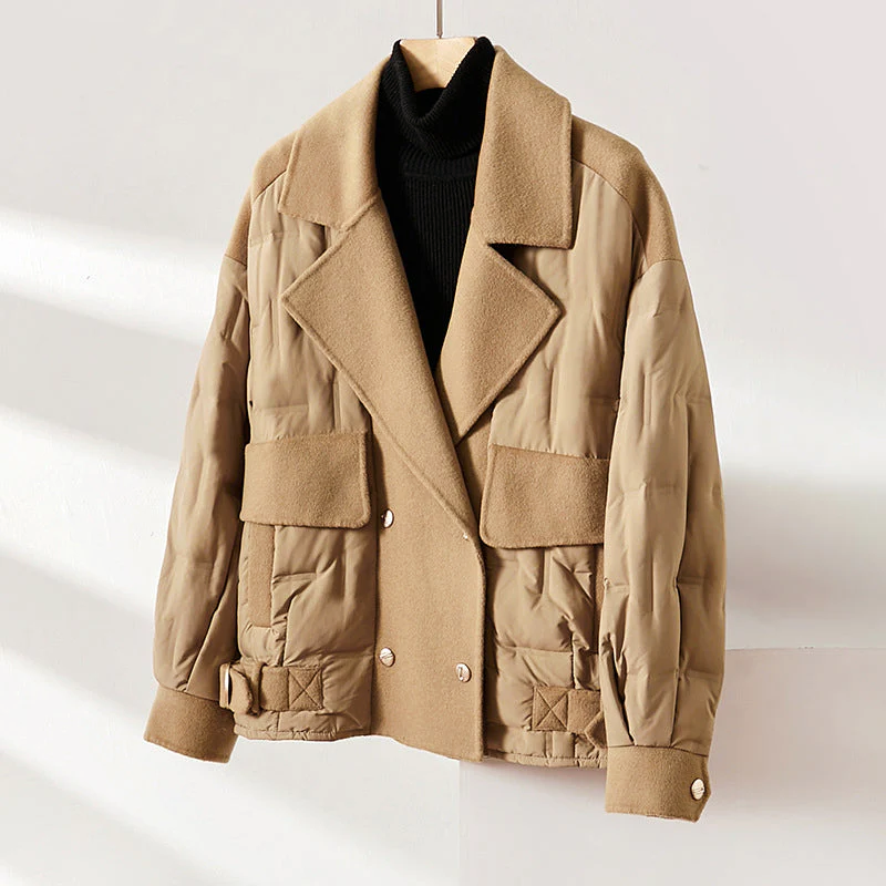 Women ivory down-filled wool jacket lapel collar quilted panels double-breasted winter coat