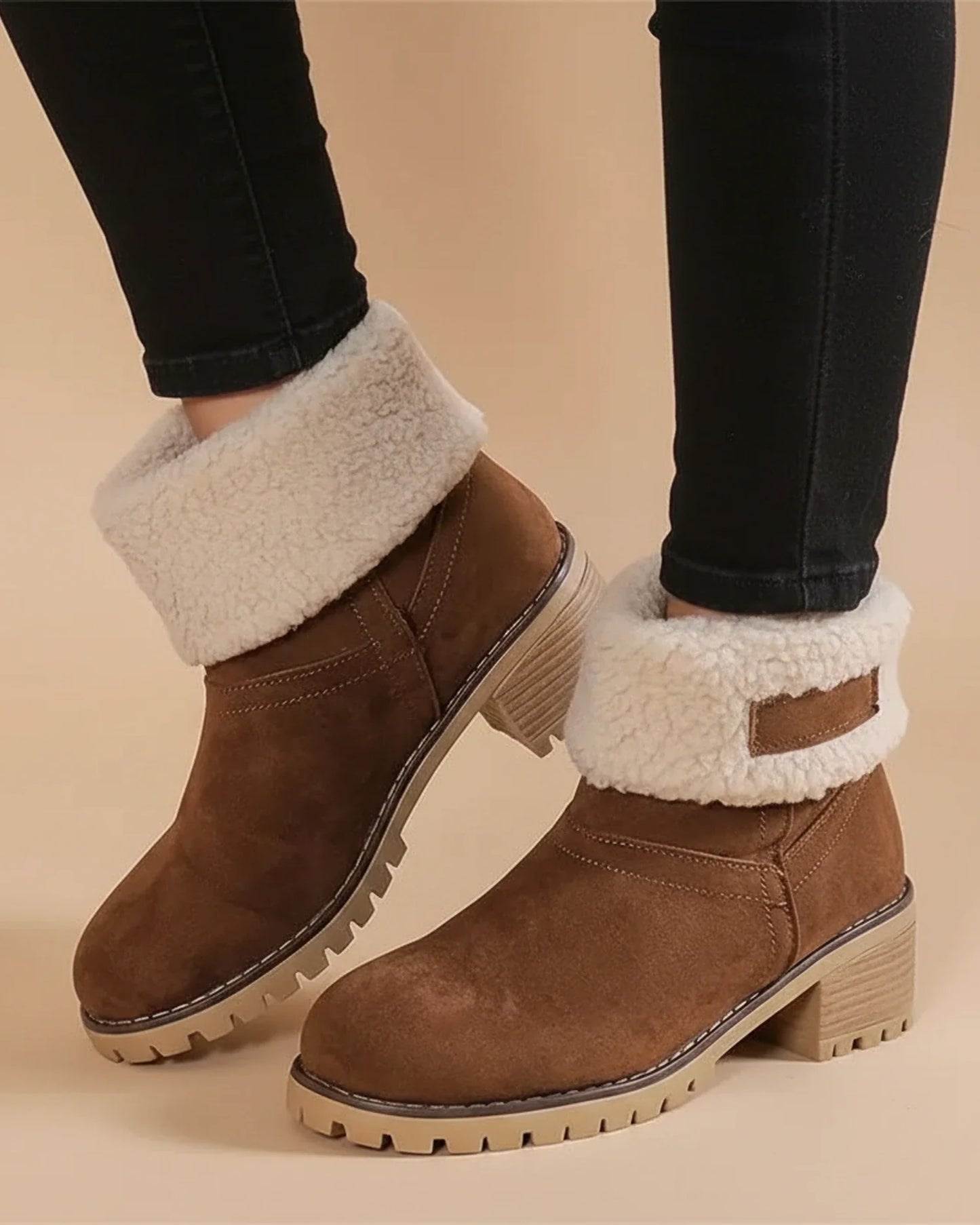 Women's sherpa lined cuffed ankle boots with thick block heel and rugged lug sole