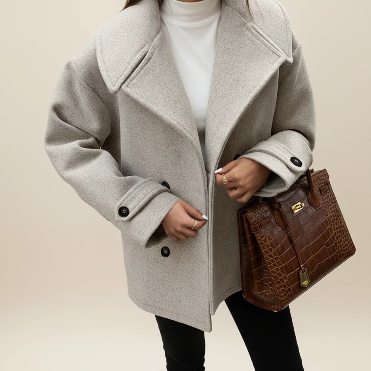 Women's cropped double-breasted pea coat in classic tailored silhouette with structured closure