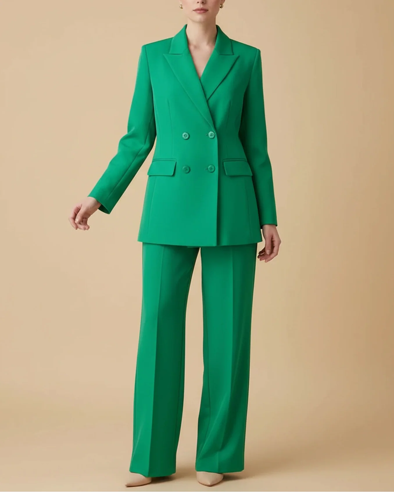Women's formal double-breasted pantsuit with tailored straight-leg pants and structured blazer for office