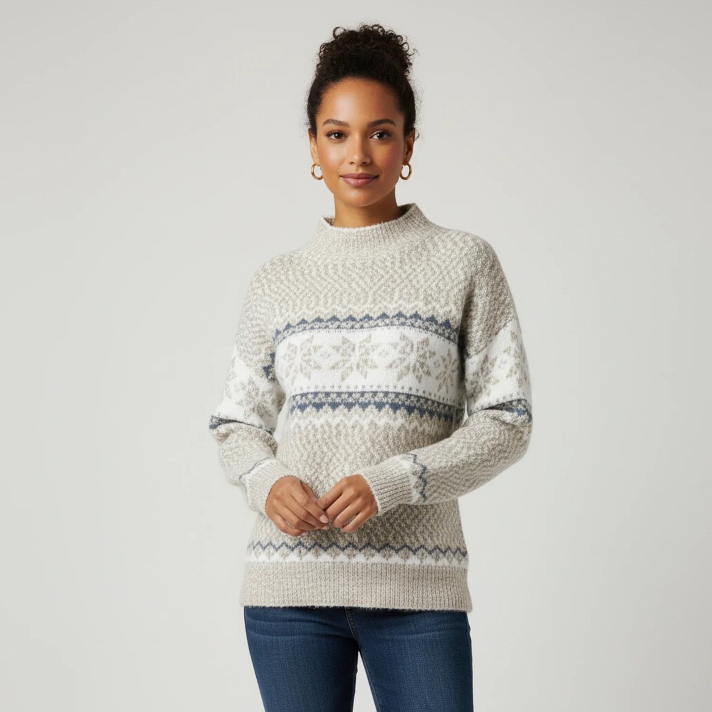 Fair Isle Mock Neck Sweater For Women By Wavlynn Cozy Relaxed Fit Winter Warmth Everyday