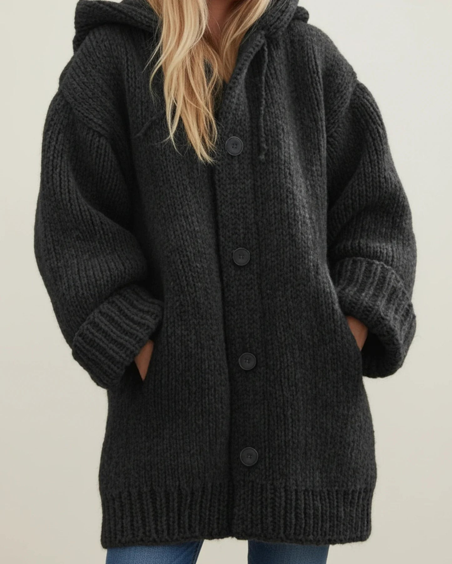 Women's oversized hooded knit cardigan jacket for winter layering with button-front closure