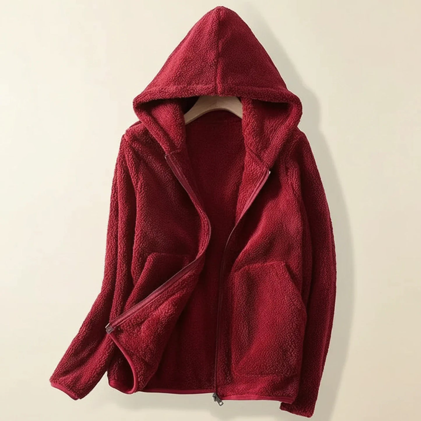 Women's relaxed fit hooded fleece zip-up jacket with patch pockets, cozy everyday layering essential