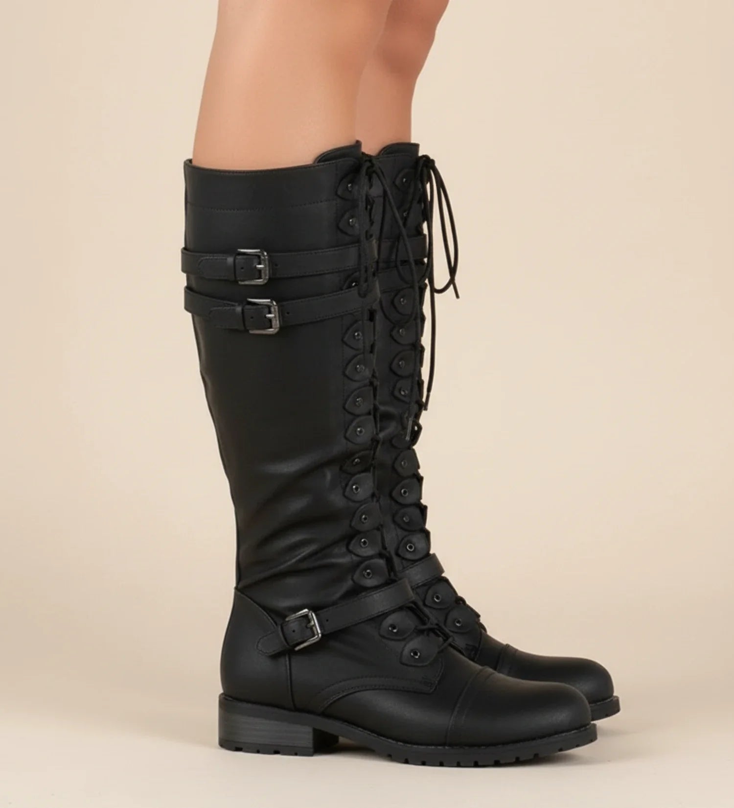 Women's Knee-High Lace-Up Buckle Combat Boots – Wavlynn