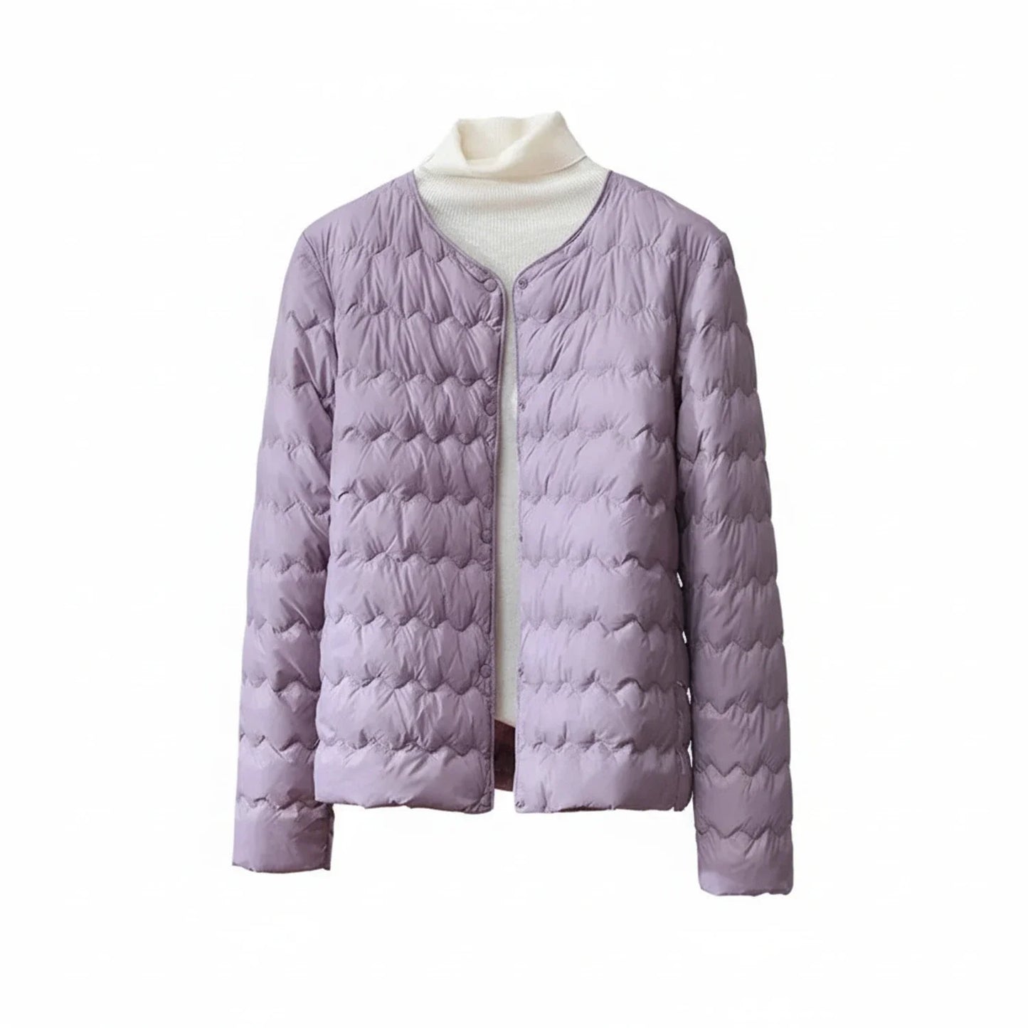 Women's collarless quilted puffer jacket lightweight button-front minimalist straight hem silhouette