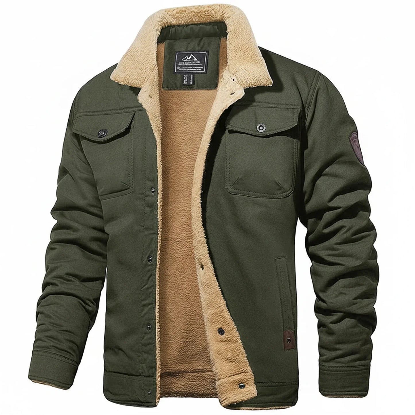 Men's black winter jacket sherpa collar fleece lining utility chest pockets cozy slim fit