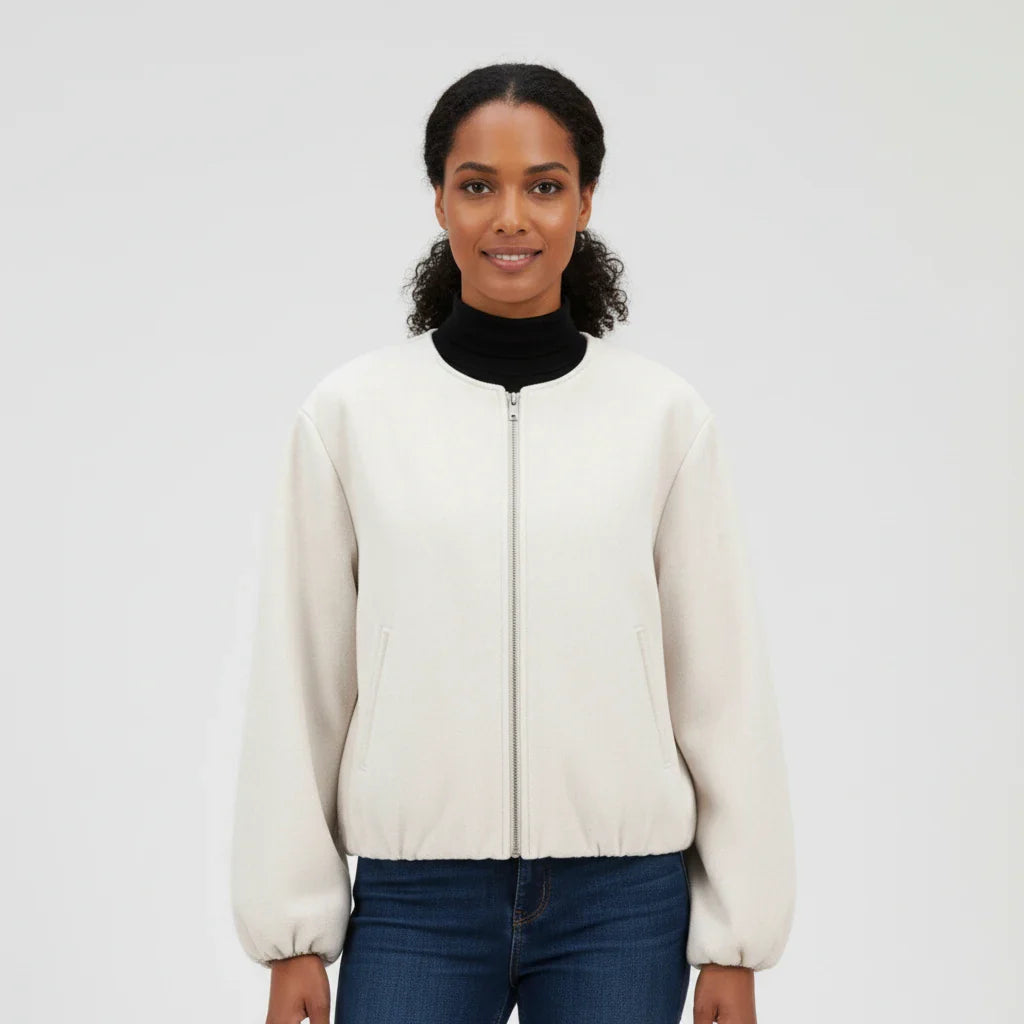 Women's cropped collarless bomber jacket relaxed fit balloon sleeves zip-up layering essential