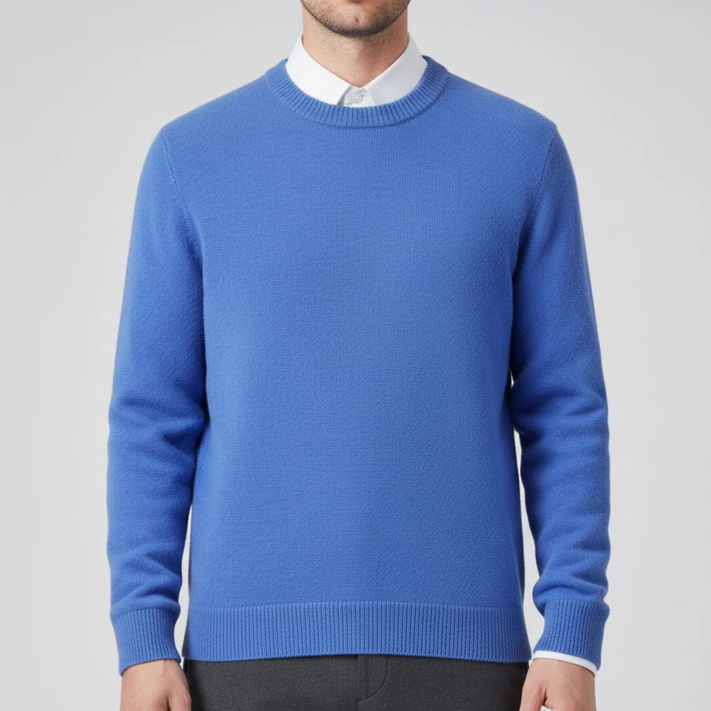 Men's light blue crew neck knit sweater regular fit with ribbed cuffs, timeless wardrobe essential