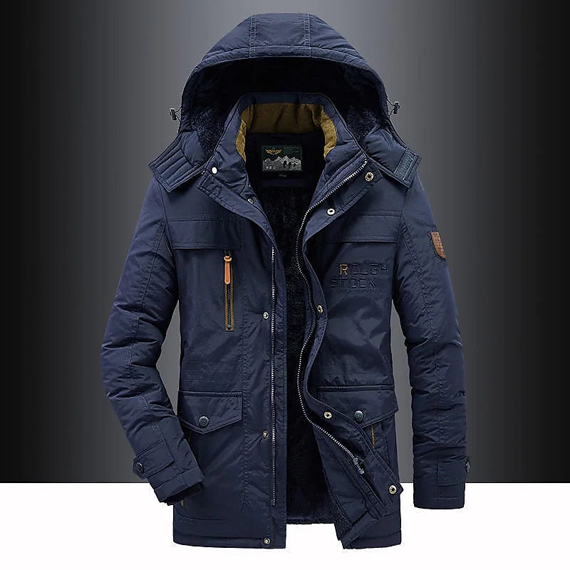 Men's fleece-lined hooded thigh-length parka, rugged winter outerwear with insulated warmth