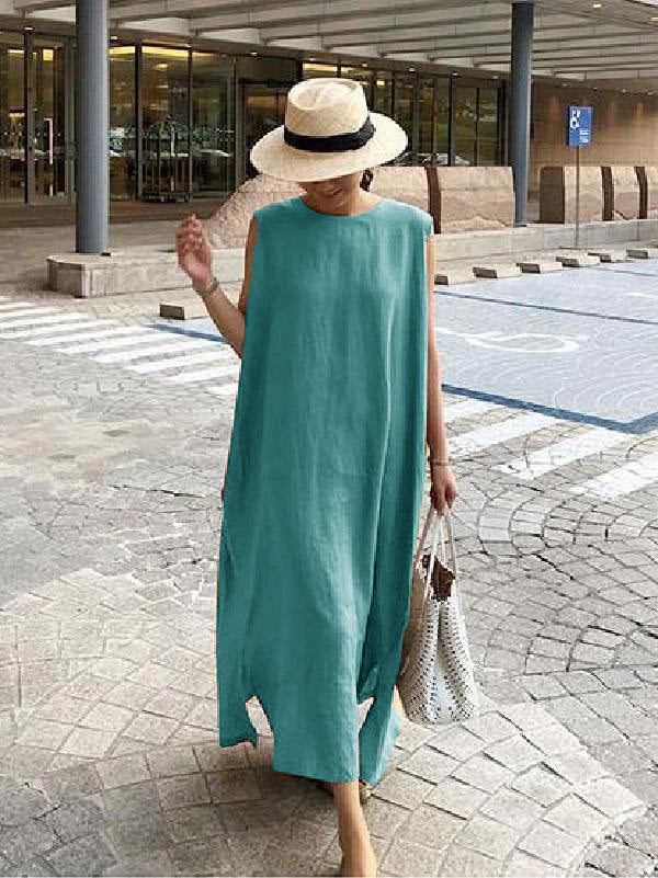 Bohemian white floral linen-cotton maxi dress with side slit, relaxed one-size fit for women